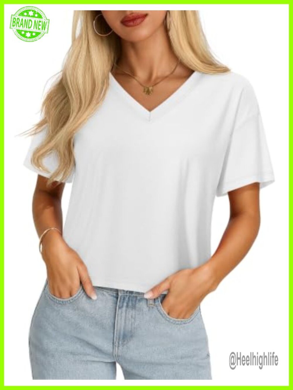 Women's Cropped V Neck T Shirt Cotton Loose Fit Summer Tee